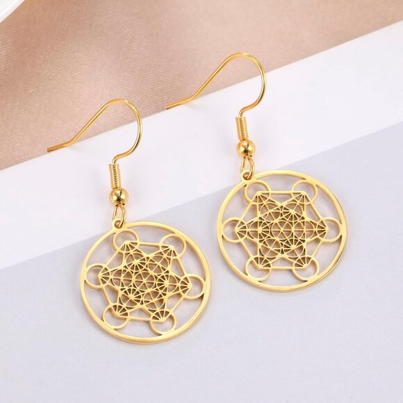 Gold Stainless Steel Metatron’s Cube Earrings with Sacred Geometry Design for Wo - Picture 4 of 8